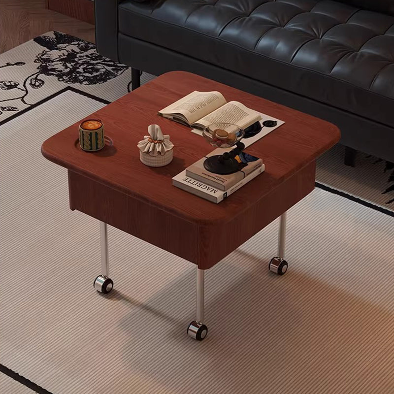 Contemporary Retro Square Rubberwood Iron Stainless Steel Height Adjustable Movable Coffee Table 2-Tier For Living Room