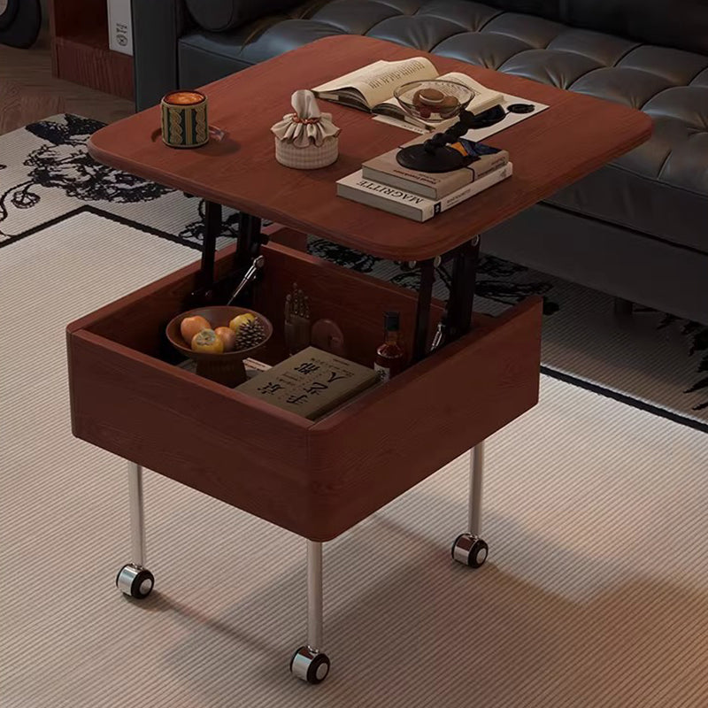 Contemporary Retro Square Rubberwood Iron Stainless Steel Height Adjustable Movable Coffee Table 2-Tier For Living Room