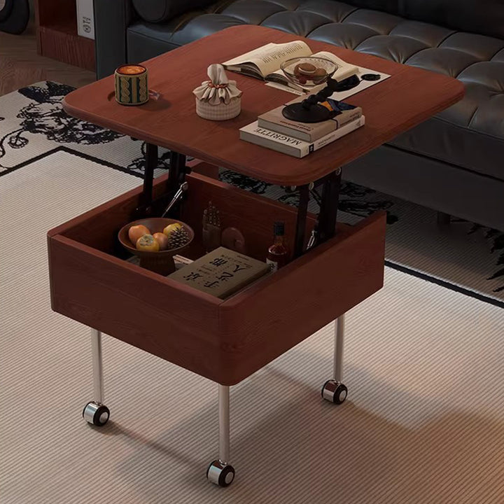 Contemporary Retro Square Rubberwood Iron Stainless Steel Height Adjustable Movable Coffee Table 2-Tier For Living Room