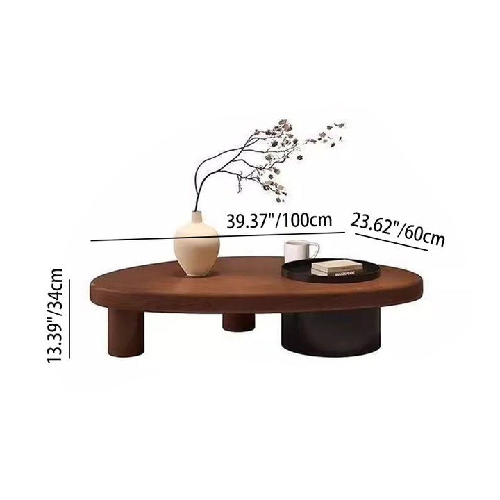 Table basse contemporaine rétro en forme d’ellipse en bois de pin et fer avec rangement dissimulé, 1 placard, pour salon 