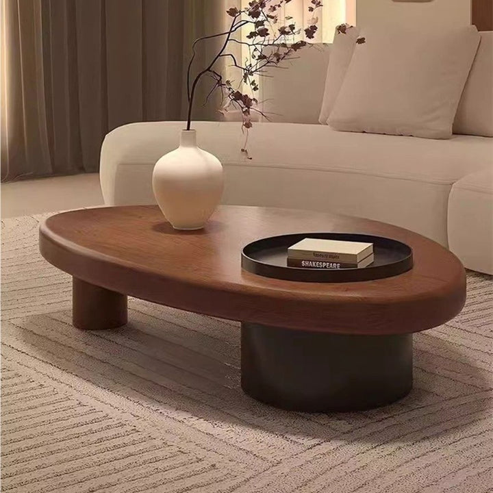 Table basse contemporaine rétro en forme d’ellipse en bois de pin et fer avec rangement dissimulé, 1 placard, pour salon 