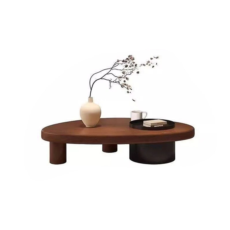 Table basse contemporaine rétro en forme d’ellipse en bois de pin et fer avec rangement dissimulé, 1 placard, pour salon 