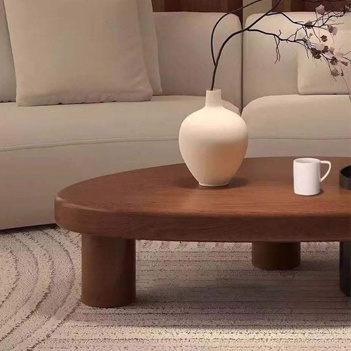 Table basse contemporaine rétro en forme d’ellipse en bois de pin et fer avec rangement dissimulé, 1 placard, pour salon 