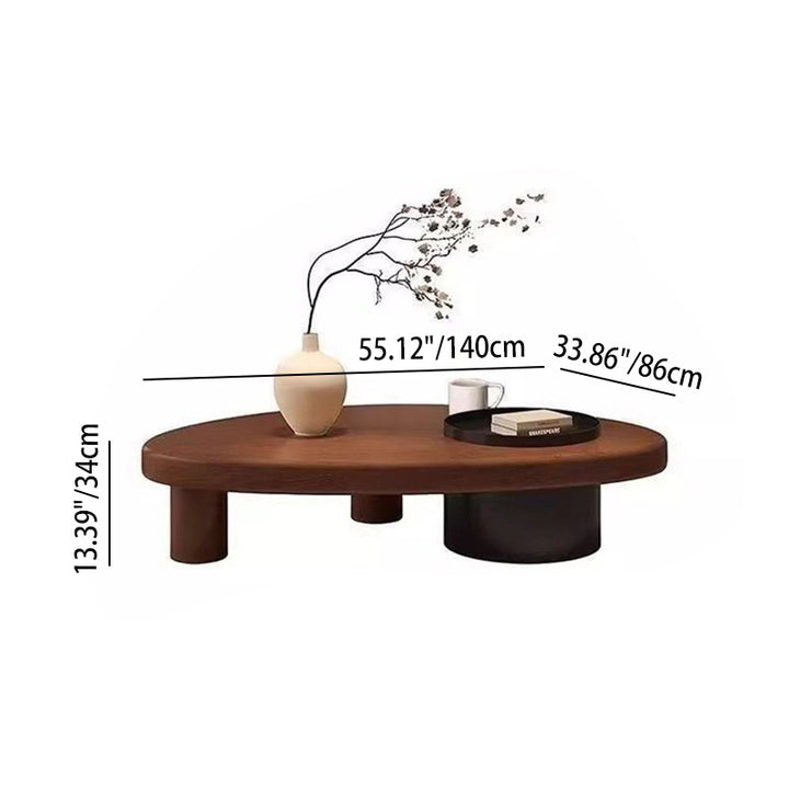Table basse contemporaine rétro en forme d’ellipse en bois de pin et fer avec rangement dissimulé, 1 placard, pour salon 