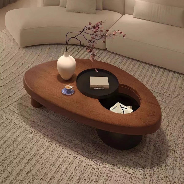 Table basse contemporaine rétro en forme d’ellipse en bois de pin et fer avec rangement dissimulé, 1 placard, pour salon 