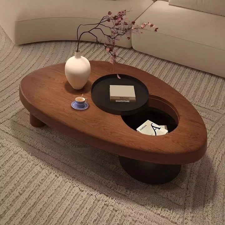 Table basse contemporaine rétro en forme d’ellipse en bois de pin et fer avec rangement dissimulé, 1 placard, pour salon 