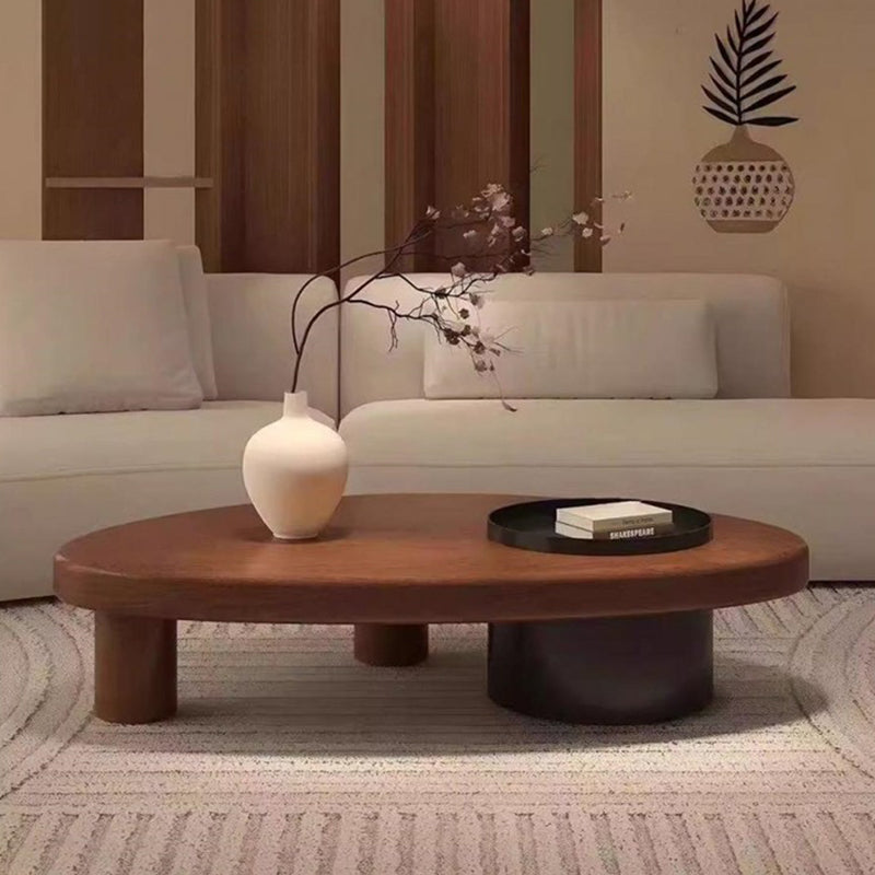 Table basse contemporaine rétro en forme d’ellipse en bois de pin et fer avec rangement dissimulé, 1 placard, pour salon 