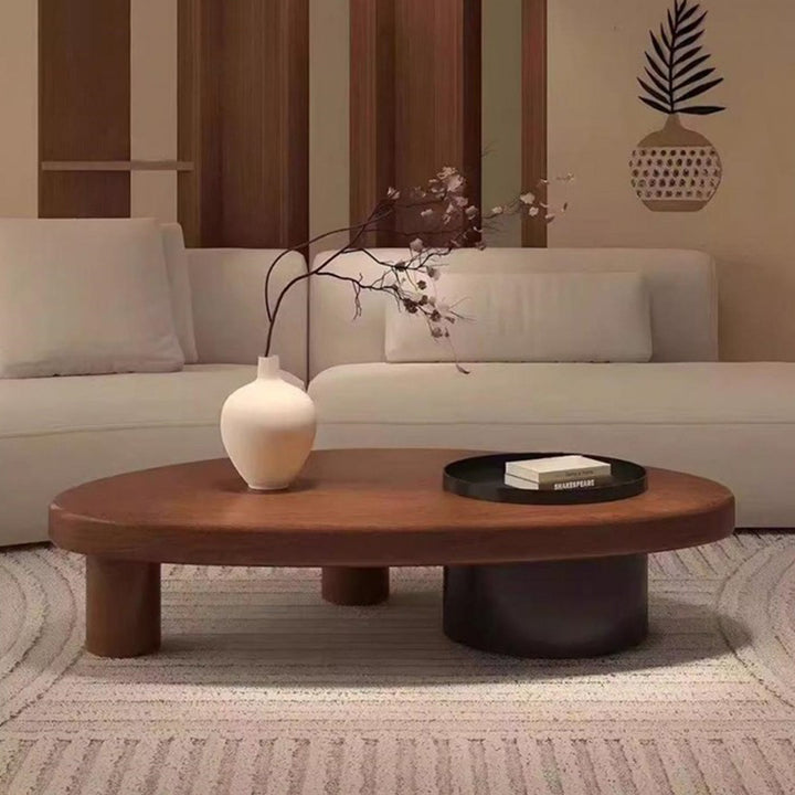 Table basse contemporaine rétro en forme d’ellipse en bois de pin et fer avec rangement dissimulé, 1 placard, pour salon 