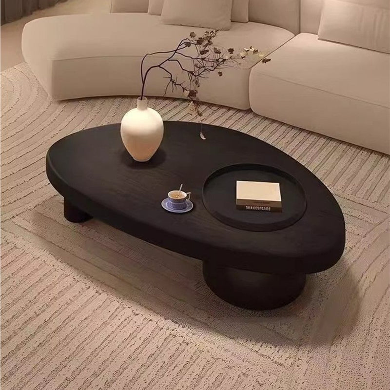 Table basse contemporaine rétro en forme d’ellipse en bois de pin et fer avec rangement dissimulé, 1 placard, pour salon 