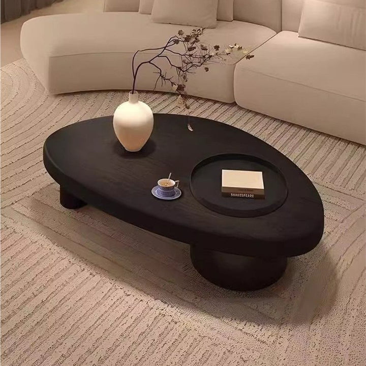 Table basse contemporaine rétro en forme d’ellipse en bois de pin et fer avec rangement dissimulé, 1 placard, pour salon 