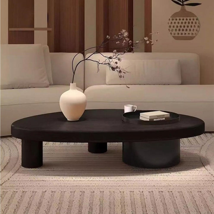 Table basse contemporaine rétro en forme d’ellipse en bois de pin et fer avec rangement dissimulé, 1 placard, pour salon 