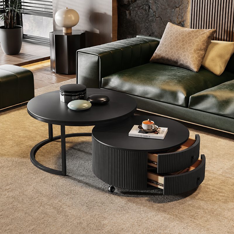 Table basse contemporaine de luxe ronde en dalle de pierre, bois de pin, PVC, fer et MDF, mobile, ensemble de 2 tiroirs pour salon 
