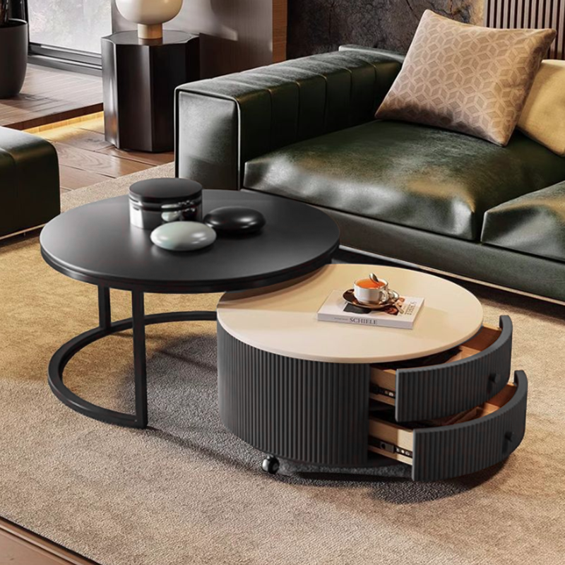 Table basse contemporaine de luxe ronde en dalle de pierre, bois de pin, PVC, fer et MDF, mobile, ensemble de 2 tiroirs pour salon 