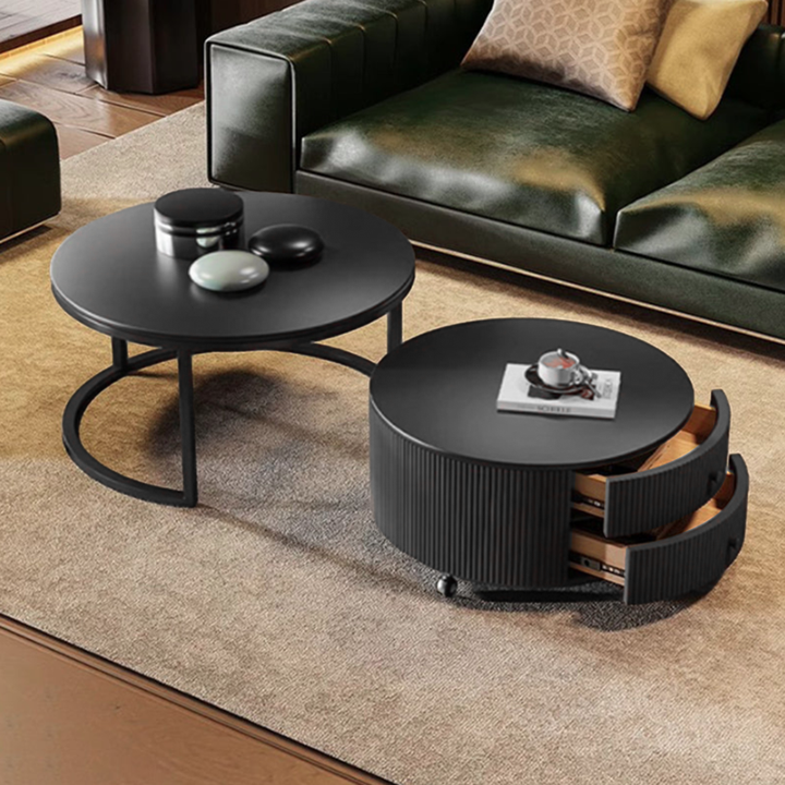 Table basse contemporaine de luxe ronde en dalle de pierre, bois de pin, PVC, fer et MDF, mobile, ensemble de 2 tiroirs pour salon 