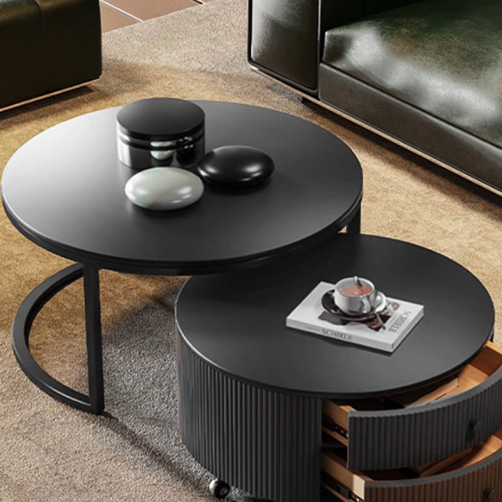 Table basse contemporaine de luxe ronde en dalle de pierre, bois de pin, PVC, fer et MDF, mobile, ensemble de 2 tiroirs pour salon 