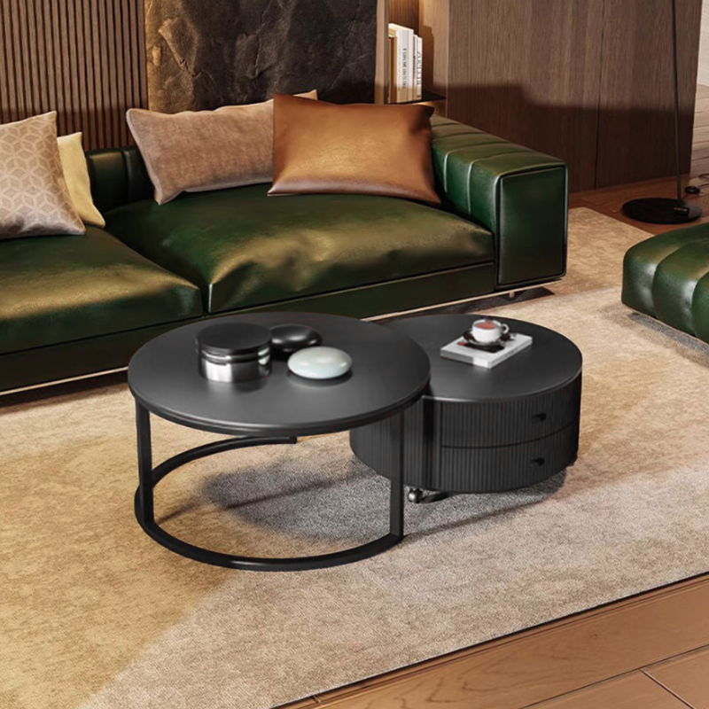 Table basse contemporaine de luxe ronde en dalle de pierre, bois de pin, PVC, fer et MDF, mobile, ensemble de 2 tiroirs pour salon 