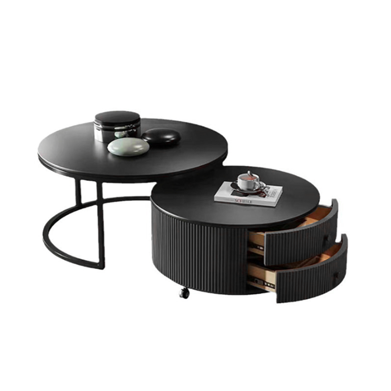 Table basse contemporaine de luxe ronde en dalle de pierre, bois de pin, PVC, fer et MDF, mobile, ensemble de 2 tiroirs pour salon 