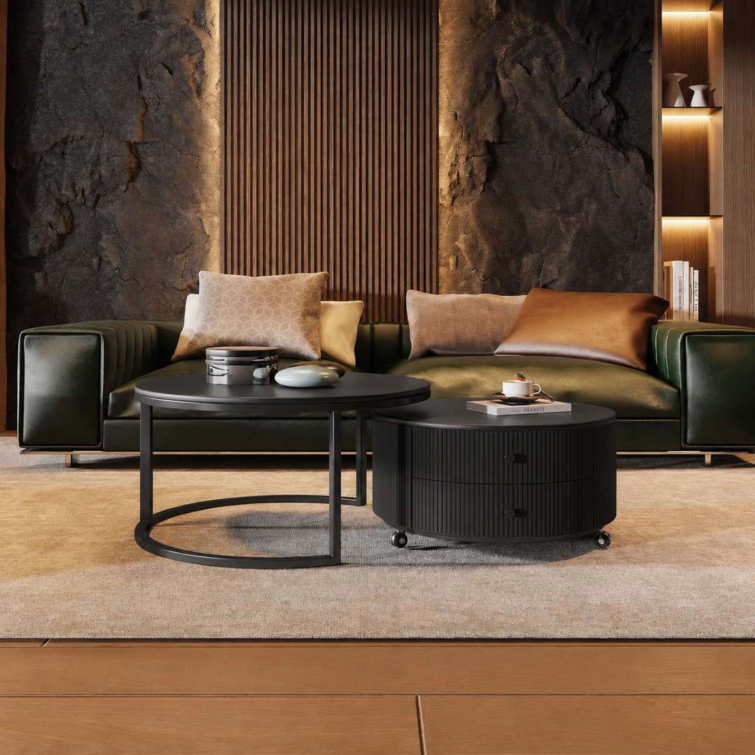Table basse contemporaine de luxe ronde en dalle de pierre, bois de pin, PVC, fer et MDF, mobile, ensemble de 2 tiroirs pour salon 
