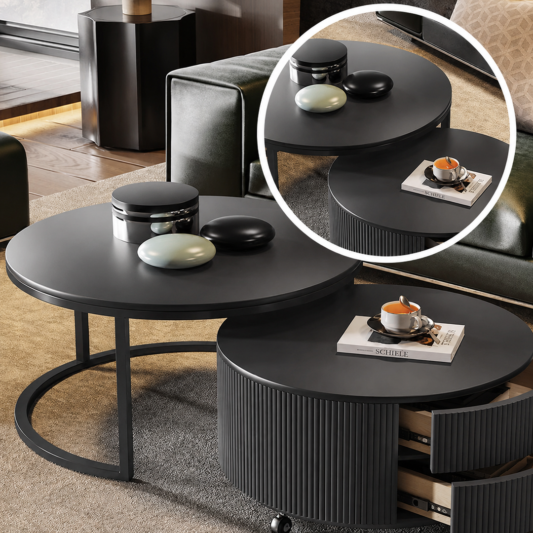Table basse contemporaine de luxe ronde en dalle de pierre, bois de pin, PVC, fer et MDF, mobile, ensemble de 2 tiroirs pour salon 