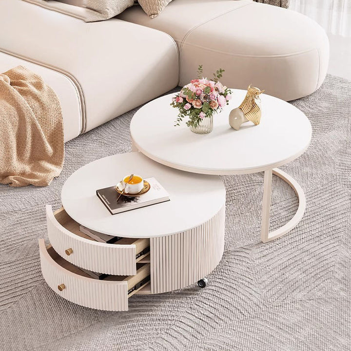 Modernes luxuriöses Couchtisch-Set mit runder Steinplatte, Carbonstahl und Faserplatte, beweglich, mit 2 Schubladen, für das Wohnzimmer 