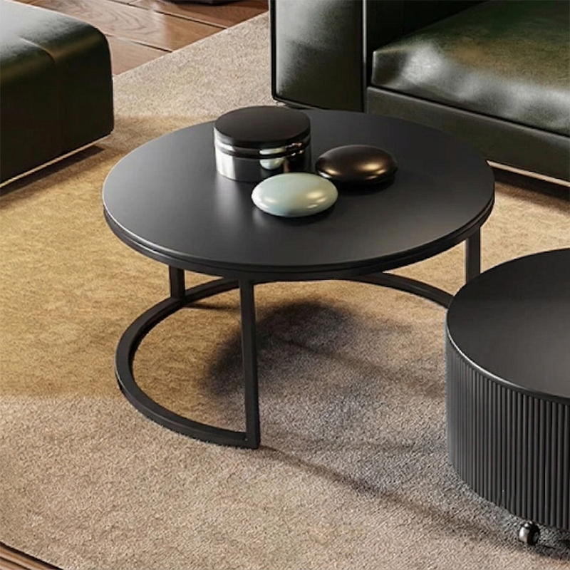 Table basse contemporaine de luxe ronde en dalle de pierre, bois de pin, PVC, fer et MDF, mobile, ensemble de 2 tiroirs pour salon 