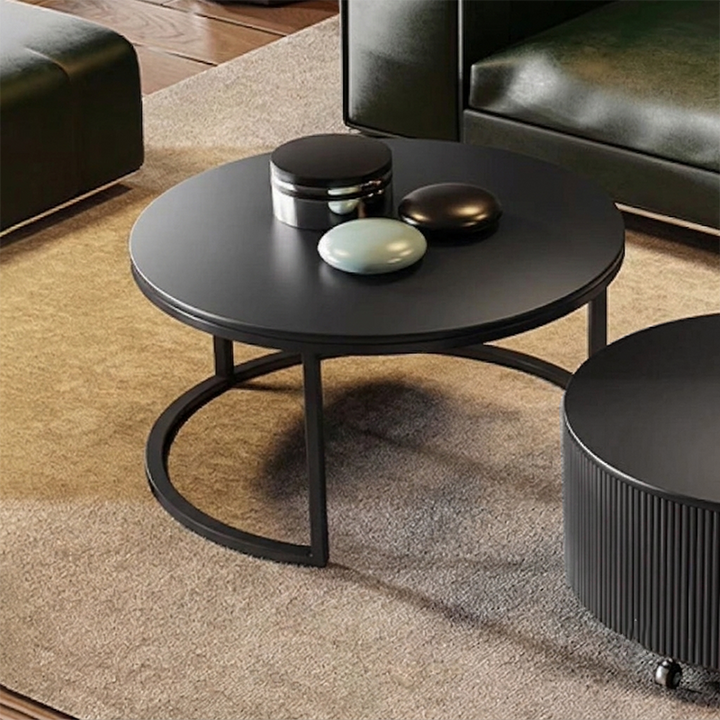 Table basse contemporaine de luxe ronde en dalle de pierre, bois de pin, PVC, fer et MDF, mobile, ensemble de 2 tiroirs pour salon 