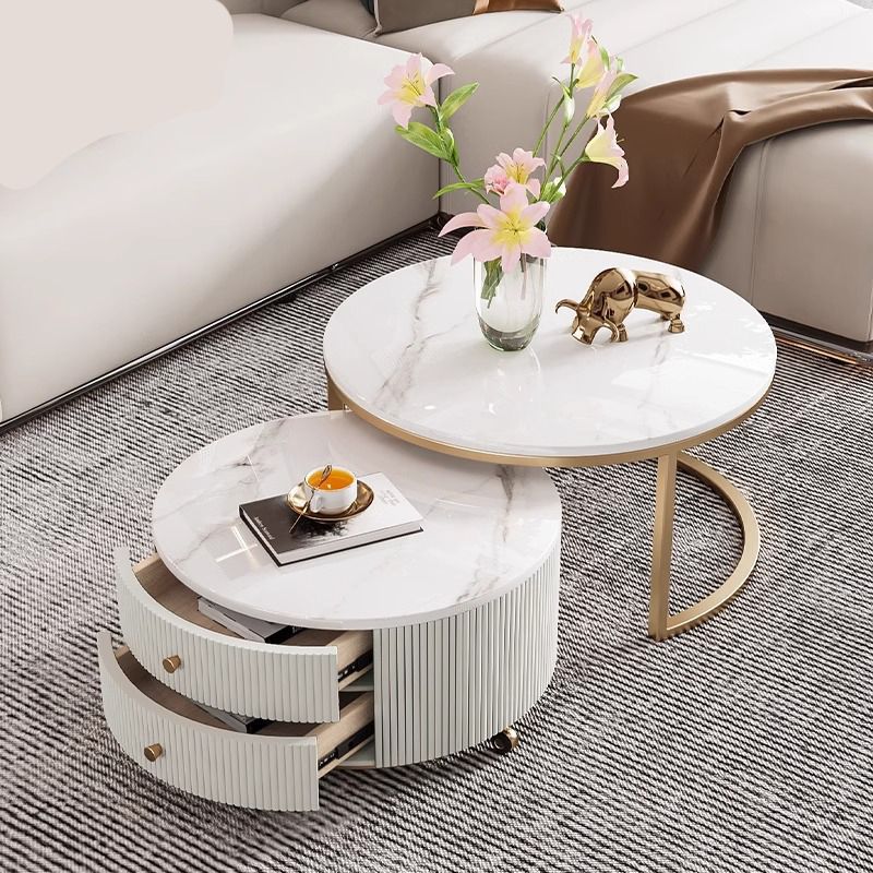 Table basse contemporaine de luxe ronde en dalle de pierre, bois de pin, PVC, fer et MDF, mobile, ensemble de 2 tiroirs pour salon 