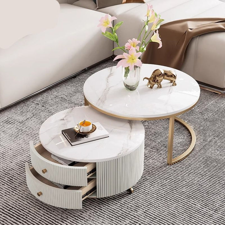 Table basse contemporaine de luxe ronde en dalle de pierre, bois de pin, PVC, fer et MDF, mobile, ensemble de 2 tiroirs pour salon 