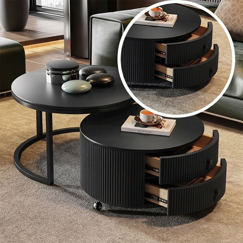 Table basse contemporaine de luxe ronde en dalle de pierre, bois de pin, PVC, fer et MDF, mobile, ensemble de 2 tiroirs pour salon 