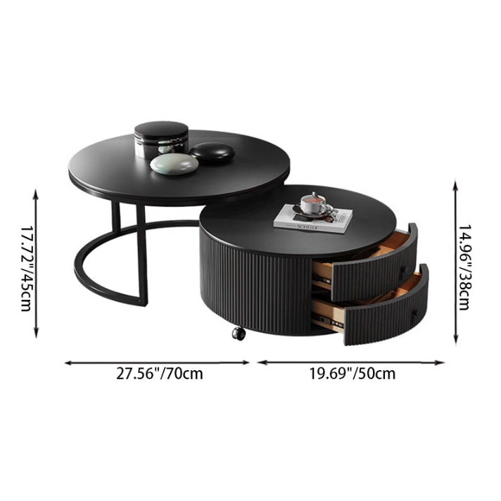 Table basse contemporaine de luxe ronde en dalle de pierre, bois de pin, PVC, fer et MDF, mobile, ensemble de 2 tiroirs pour salon 