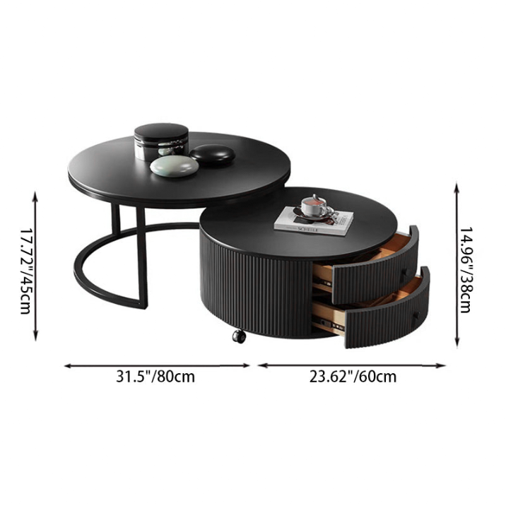 Table basse contemporaine de luxe ronde en dalle de pierre, bois de pin, PVC, fer et MDF, mobile, ensemble de 2 tiroirs pour salon 