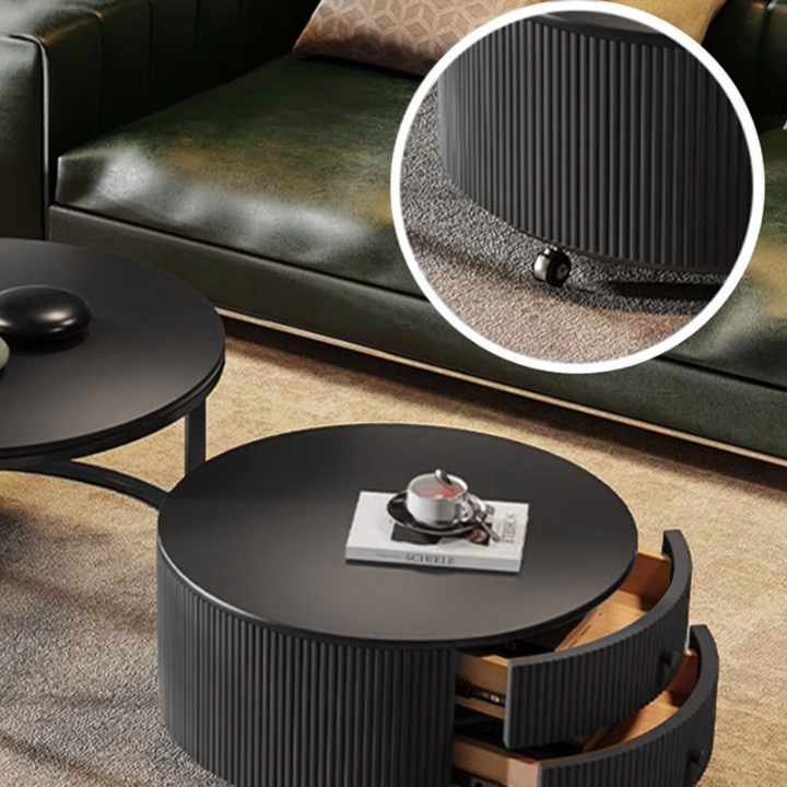 Table basse contemporaine de luxe ronde en dalle de pierre, bois de pin, PVC, fer et MDF, mobile, ensemble de 2 tiroirs pour salon 
