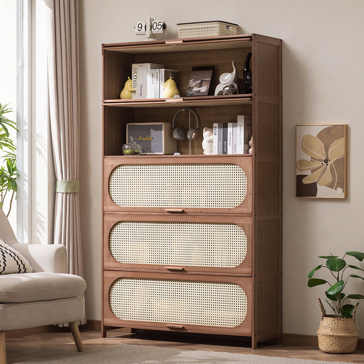 Contemporary Retro Rectangular Nan Bamboo Plastic Rattan Weaving Storage Cabinet 3/4/5-Tier For Living Room