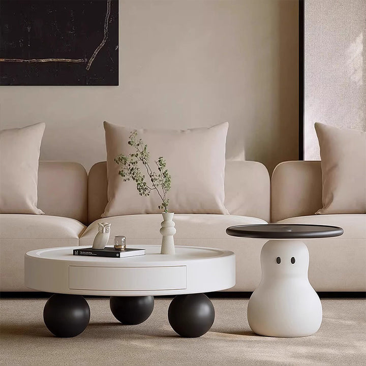 Contemporary Creative Round MDF Pine Wood Carbon Steel Coffee Table 1-Drawer For Living Room