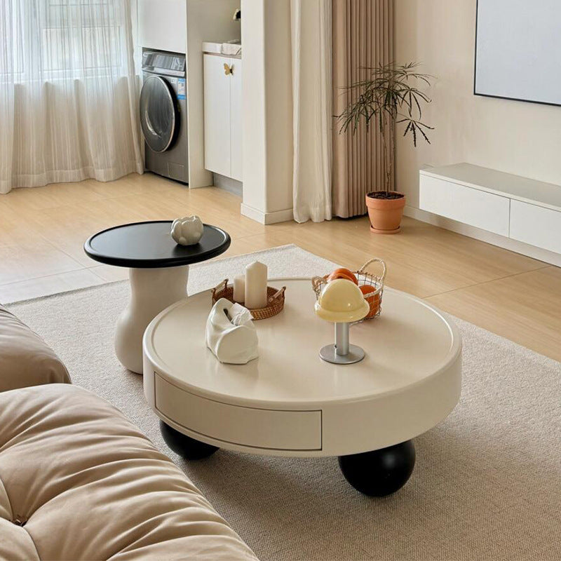 Contemporary Creative Round MDF Pine Wood Carbon Steel Coffee Table 1-Drawer For Living Room