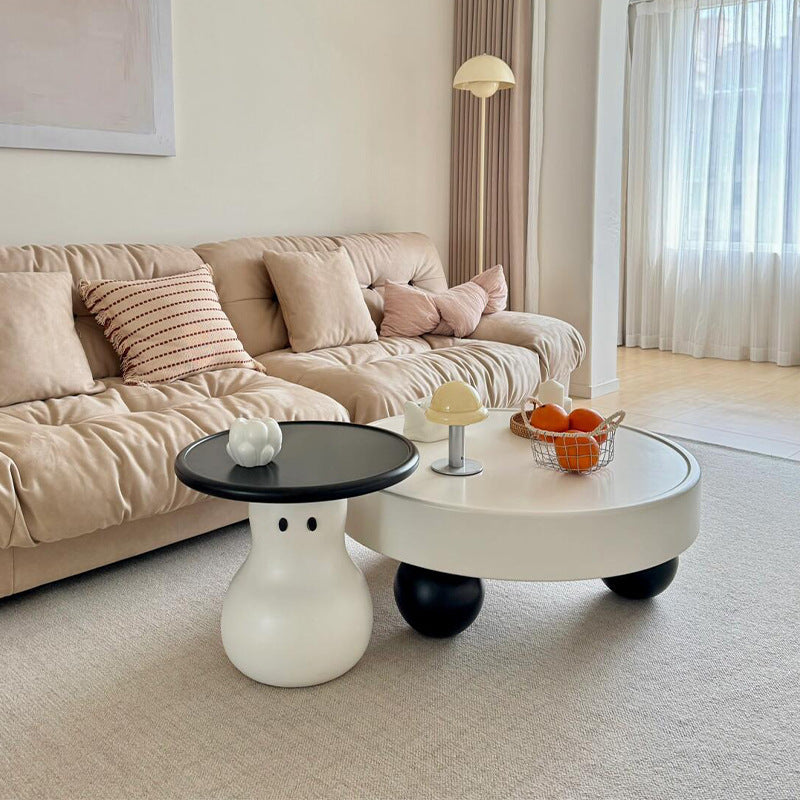 Contemporary Creative Round MDF Pine Wood Carbon Steel Coffee Table 1-Drawer For Living Room