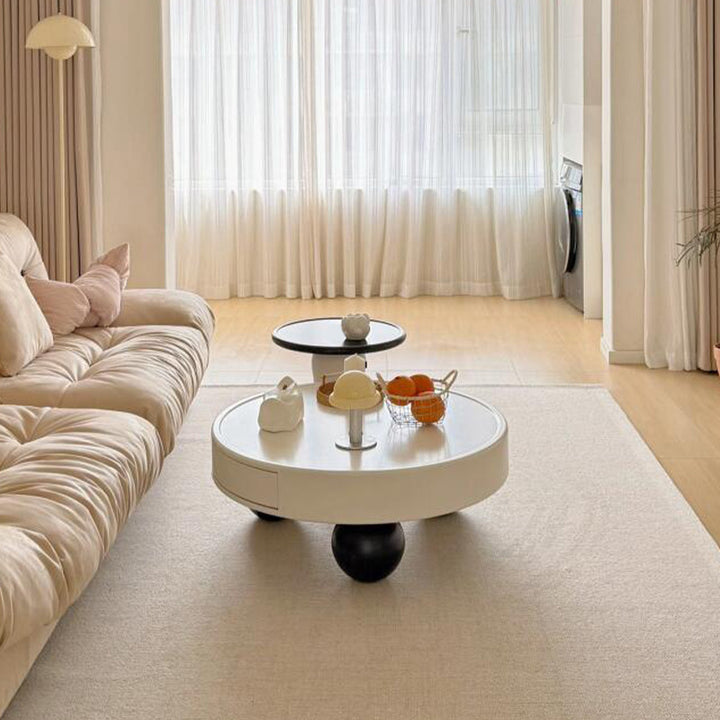 Contemporary Creative Round MDF Pine Wood Carbon Steel Coffee Table 1-Drawer For Living Room
