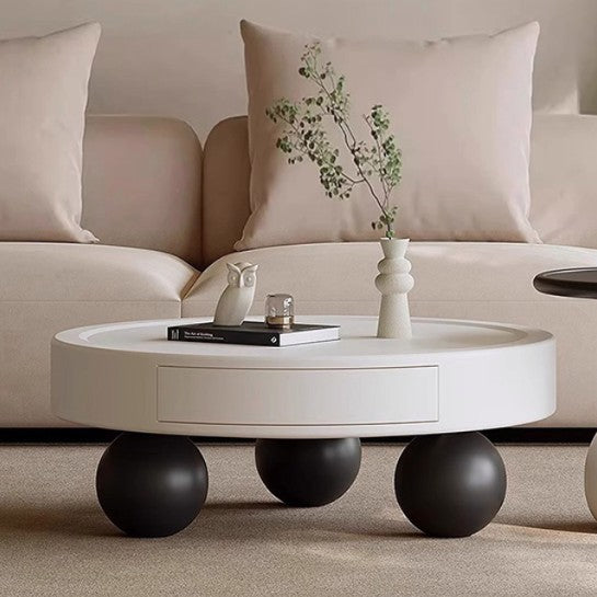 Contemporary Creative Round MDF Pine Wood Carbon Steel Coffee Table 1-Drawer For Living Room