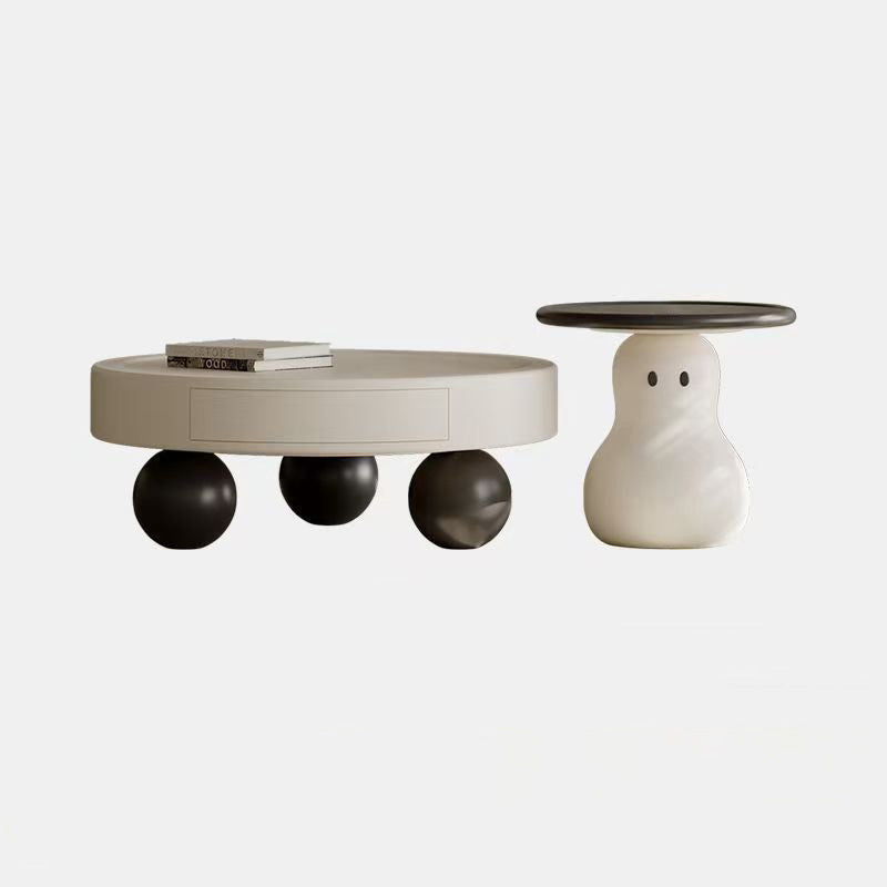 Contemporary Creative Round MDF Pine Wood Carbon Steel Coffee Table 1-Drawer For Living Room