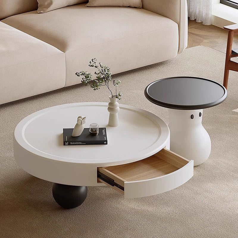 Contemporary Creative Round MDF Pine Wood Carbon Steel Coffee Table 1-Drawer For Living Room