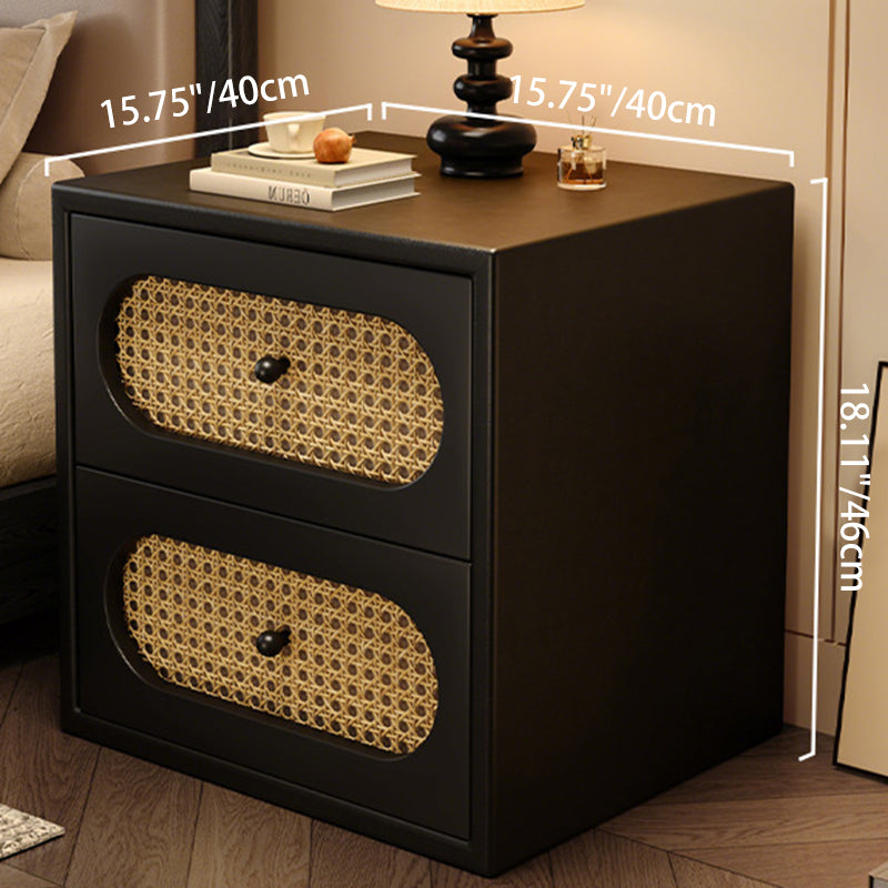 Traditional Japanese Square Rectangular Microfiber Leather MDF Solid Wood Plywood PVC Rattan Weaving Nightstand 2-Drawer For Bedroom