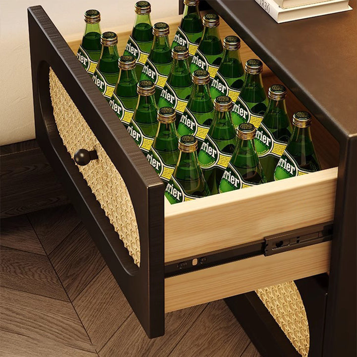 Traditional Japanese Square Rectangular Microfiber Leather MDF Solid Wood Plywood PVC Rattan Weaving Nightstand 2-Drawer For Bedroom