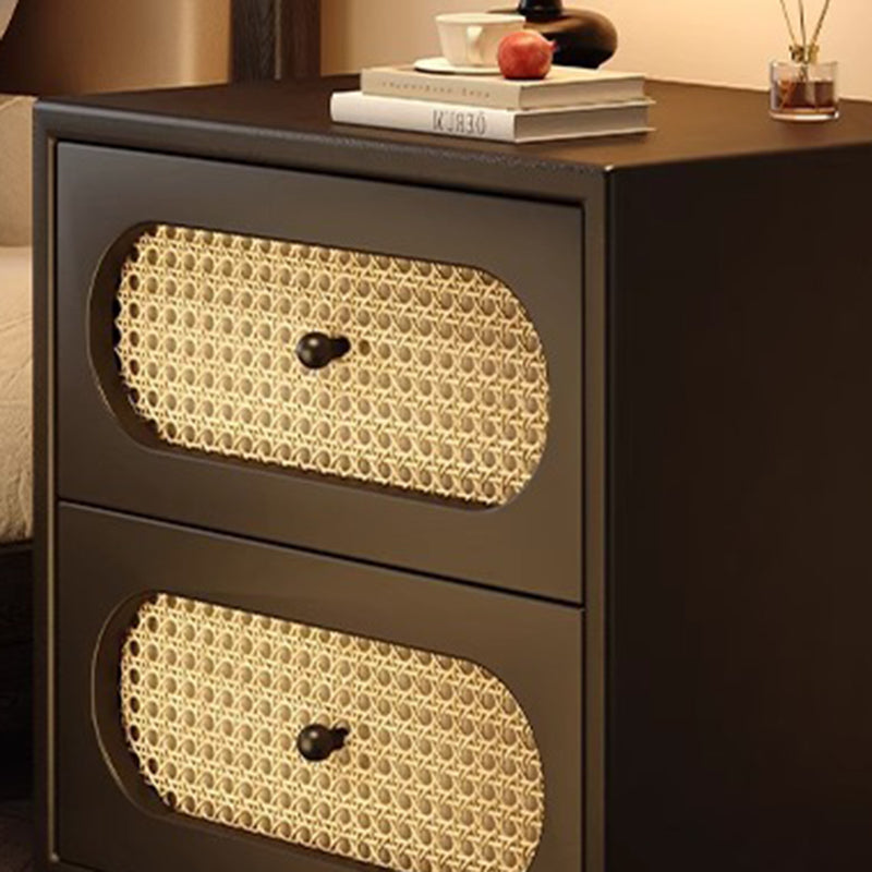 Traditional Japanese Square Rectangular Microfiber Leather MDF Solid Wood Plywood PVC Rattan Weaving Nightstand 2-Drawer For Bedroom