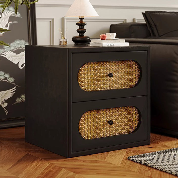 Traditional Japanese Square Rectangular Microfiber Leather MDF Solid Wood Plywood PVC Rattan Weaving Nightstand 2-Drawer For Bedroom