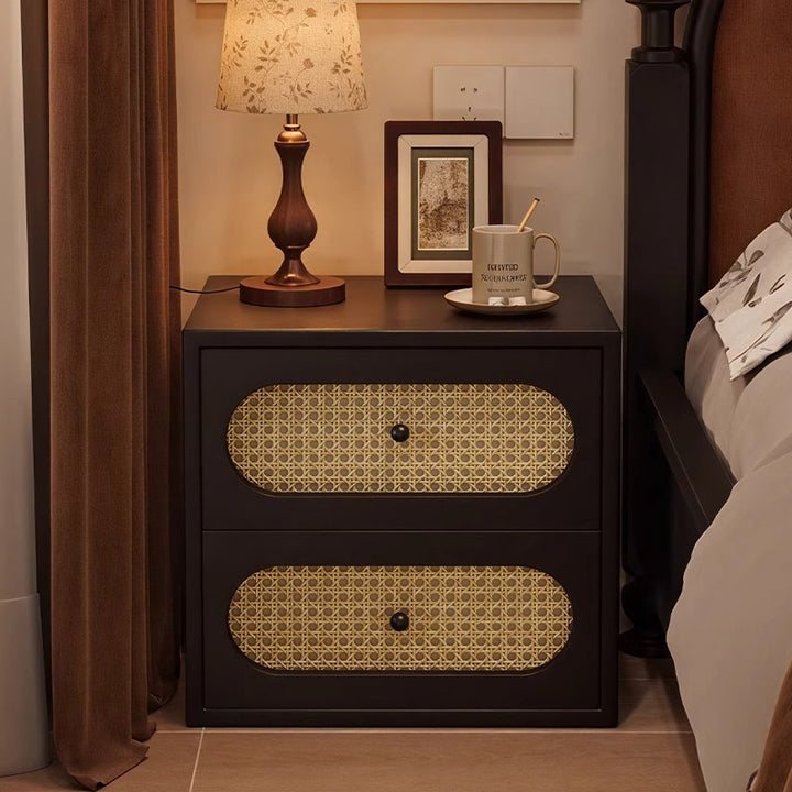 Traditional Japanese Square Rectangular Microfiber Leather MDF Solid Wood Plywood PVC Rattan Weaving Nightstand 2-Drawer For Bedroom