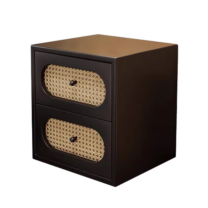 Traditional Japanese Square Rectangular Microfiber Leather MDF Solid Wood Plywood PVC Rattan Weaving Nightstand 2-Drawer For Bedroom