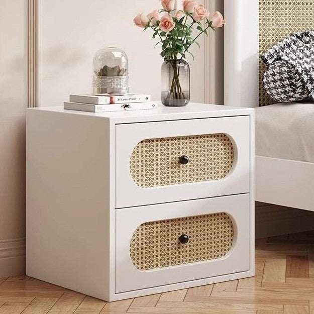 Traditional Japanese Square Rectangular Microfiber Leather MDF Solid Wood Plywood PVC Rattan Weaving Nightstand 2-Drawer For Bedroom