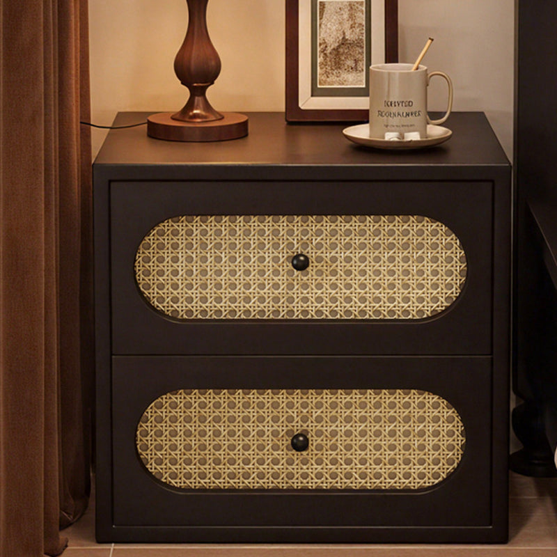 Traditional Japanese Square Rectangular Microfiber Leather MDF Solid Wood Plywood PVC Rattan Weaving Nightstand 2-Drawer For Bedroom