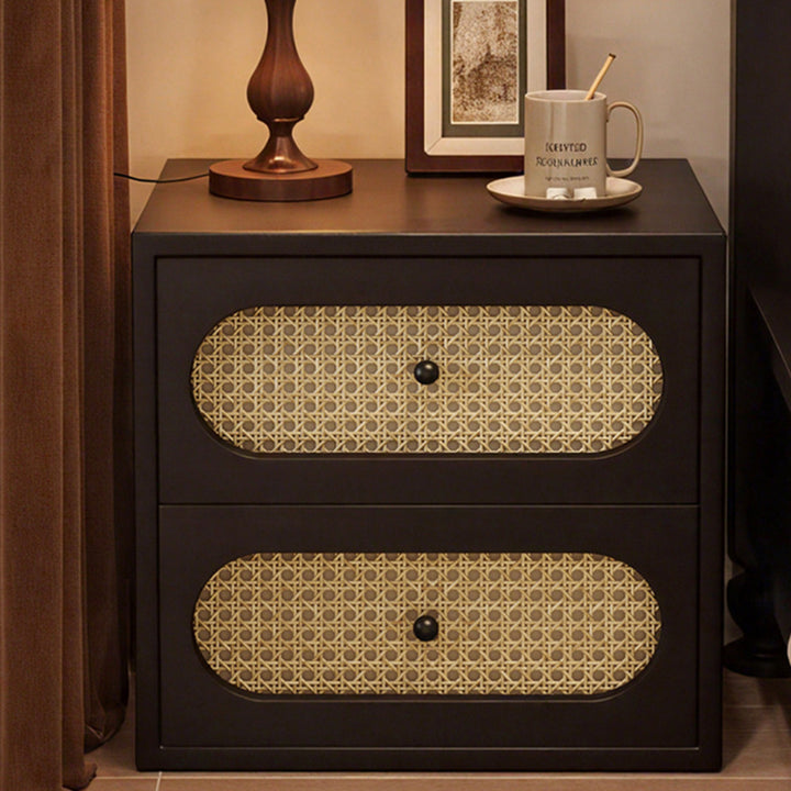 Traditional Japanese Square Rectangular Microfiber Leather MDF Solid Wood Plywood PVC Rattan Weaving Nightstand 2-Drawer For Bedroom