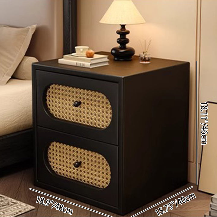 Traditional Japanese Square Rectangular Microfiber Leather MDF Solid Wood Plywood PVC Rattan Weaving Nightstand 2-Drawer For Bedroom